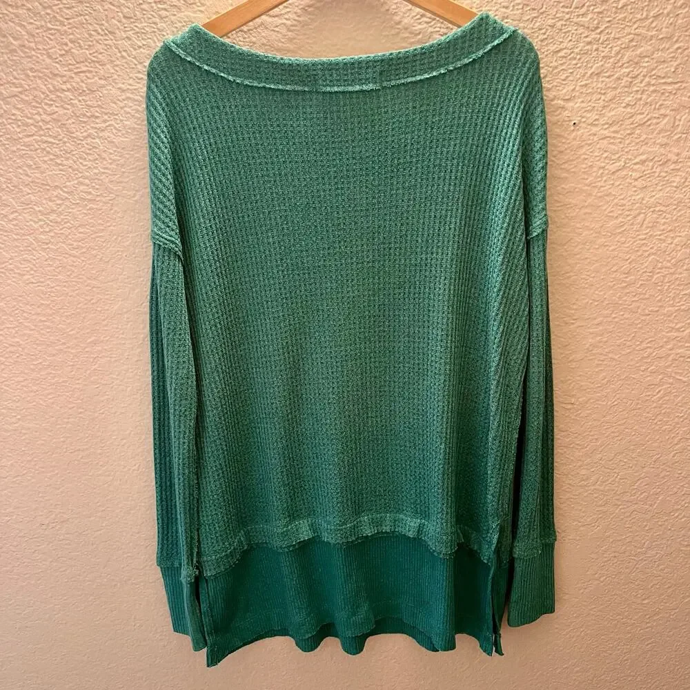 Free People We The Free Waffle Knit Thermal Long Sleeve Top Teal Green XS Boho - Picture 3 of 11